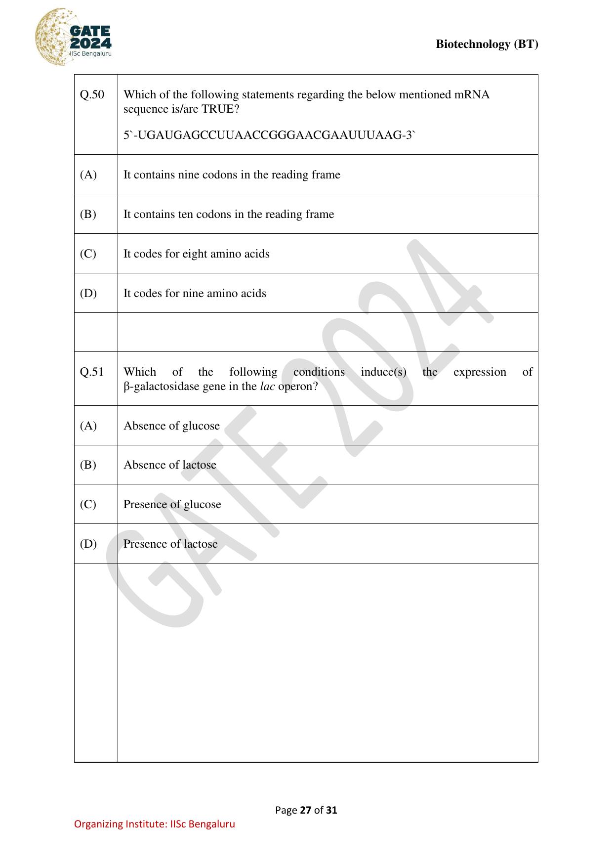 GATE 2024 Biotechnology (BT) Question Paper - Page 27