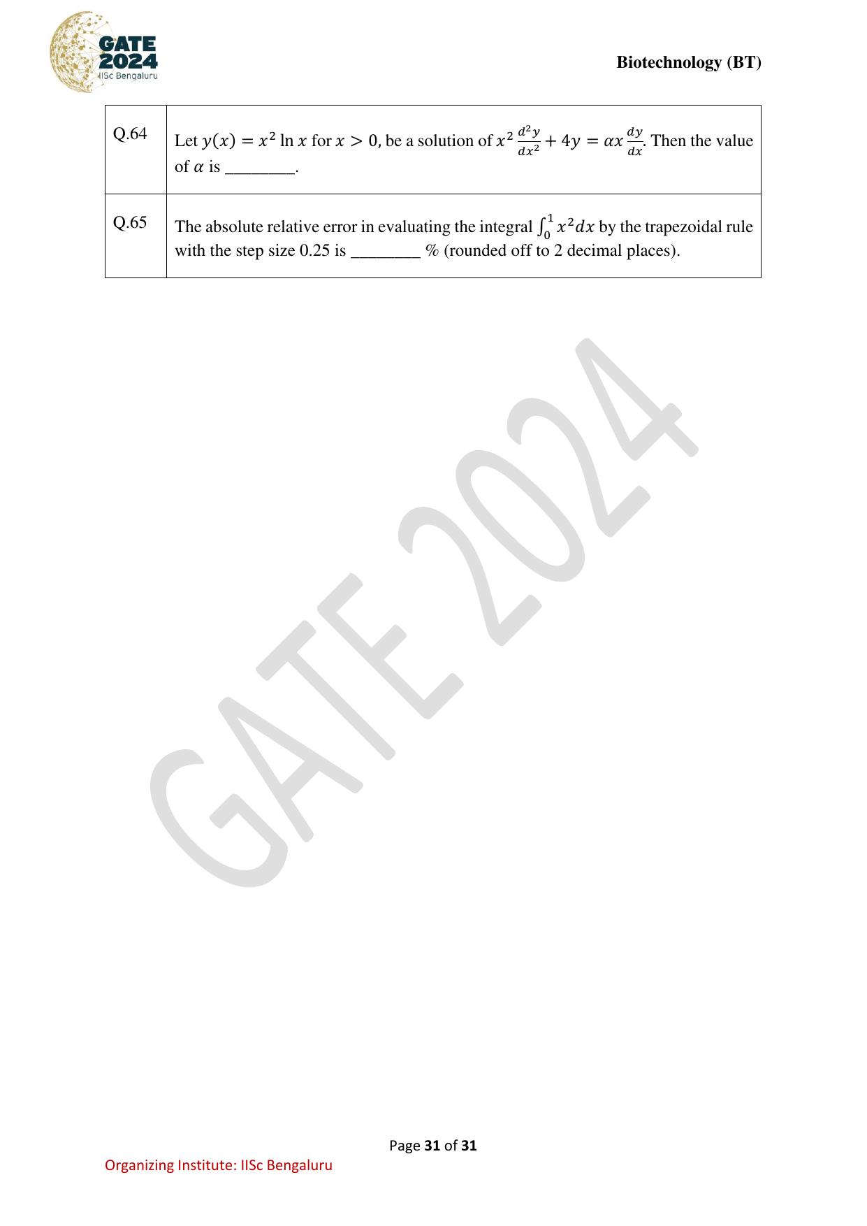 GATE 2024 Biotechnology (BT) Question Paper - Page 31