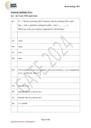 GATE 2024 Biotechnology (BT) Question Paper