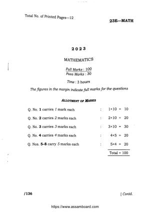 AHSEC Class 11 Mathematics 2023 Question Paper