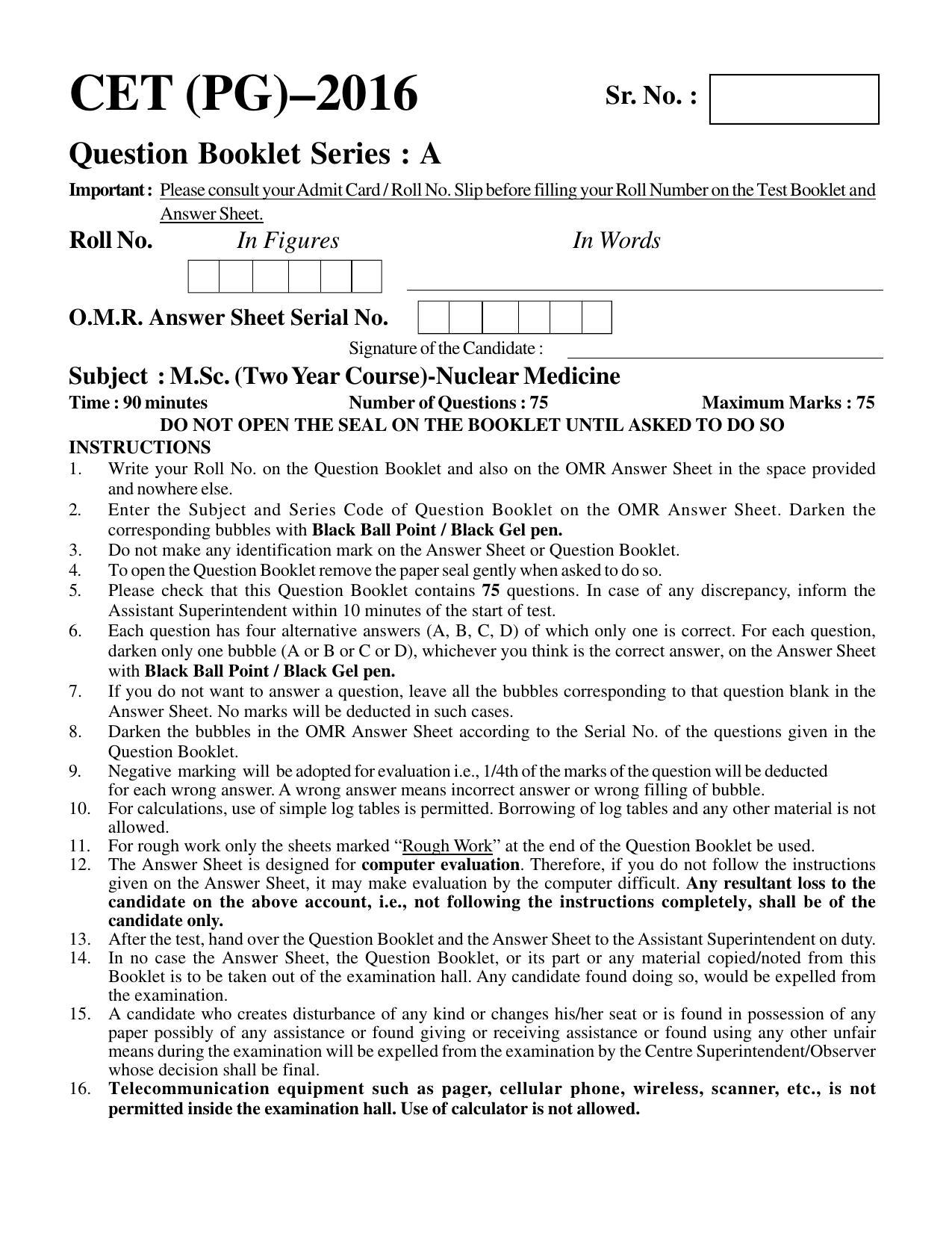 PU CET PG 2016 Question Paper Part I (SET A) - Page 1