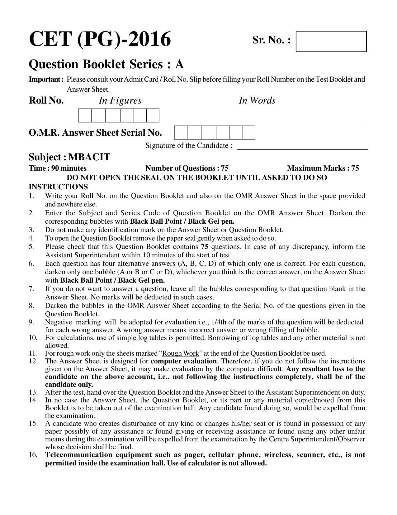 PU CET PG 2016 Question Paper Part I (SET A) - Page 242