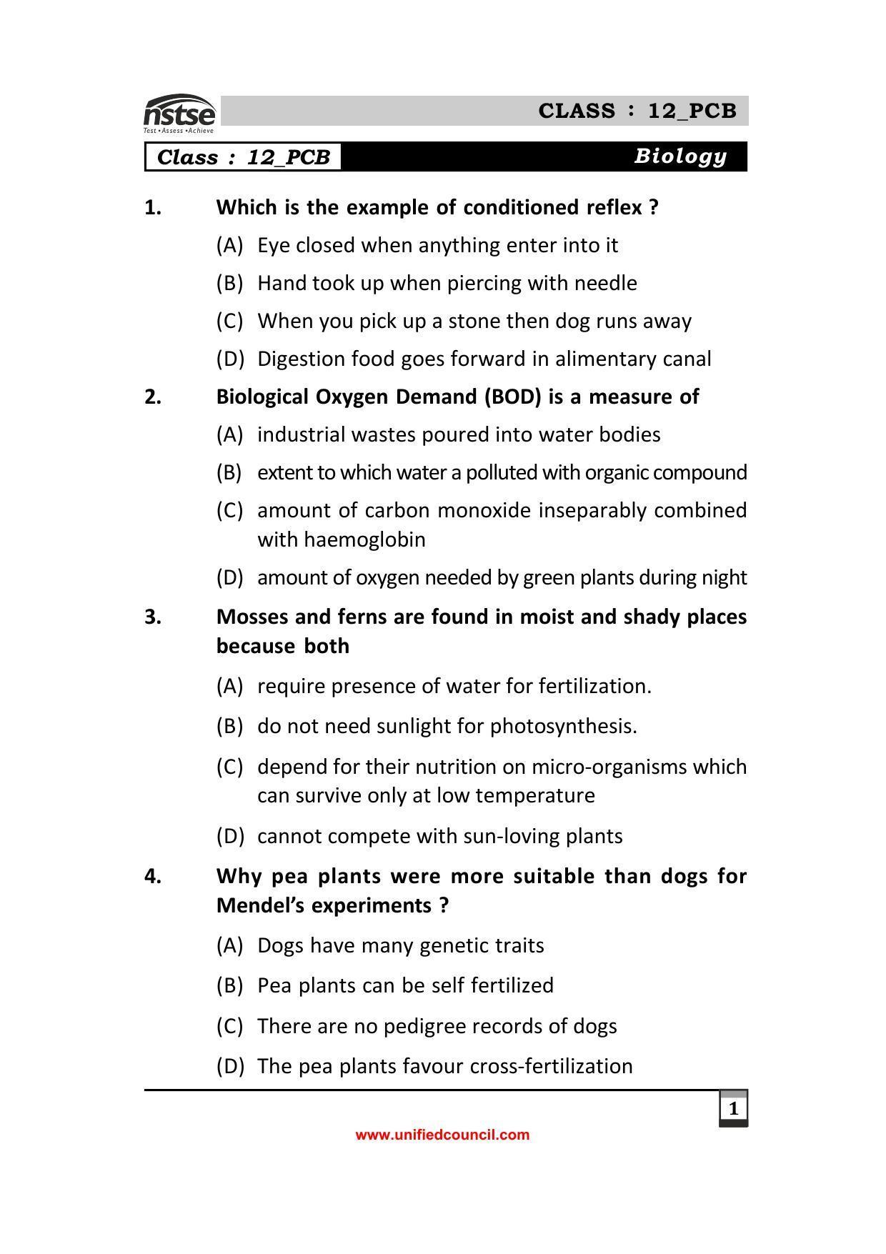 2023 Class 12 PCB NSTSE Sample Question Papers - Page 1