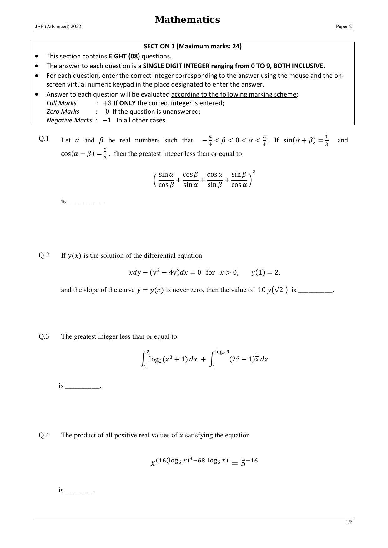 JEE (Advanced) 2022 Paper II - English Question Paper - Page 1
