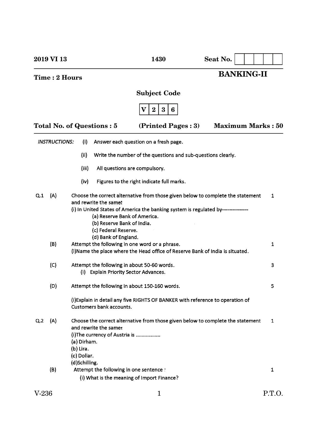 Goa Board Class 12 Banking II 1 (2019 1) Question Paper - Page 1