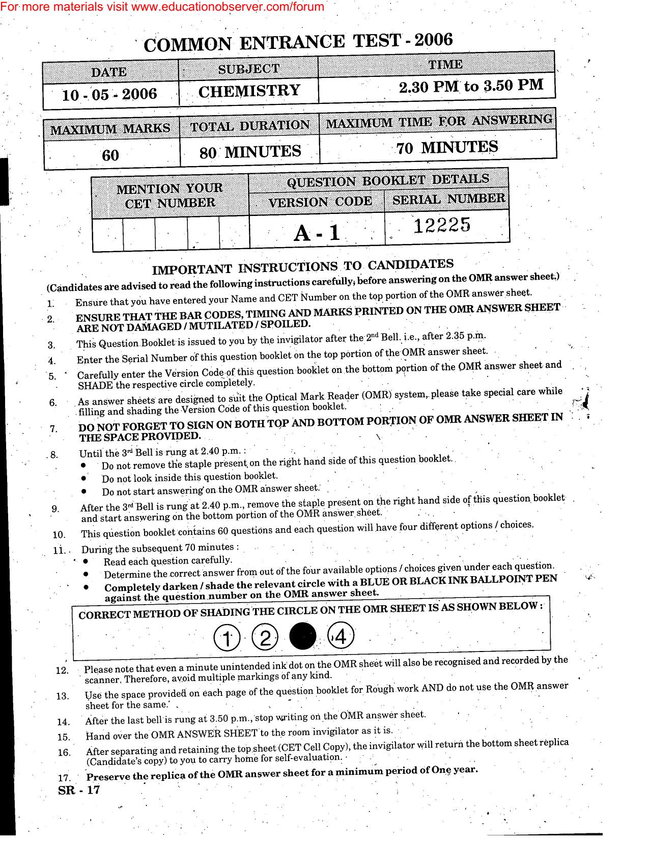 KEAM Paper II 2006 Question Paper - Page 1