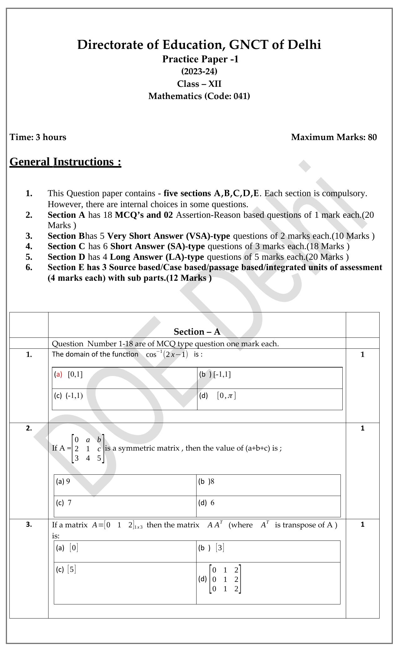 Edudel Class 12 Math (English) Practice Papers-1 (2023-24) - Page 1