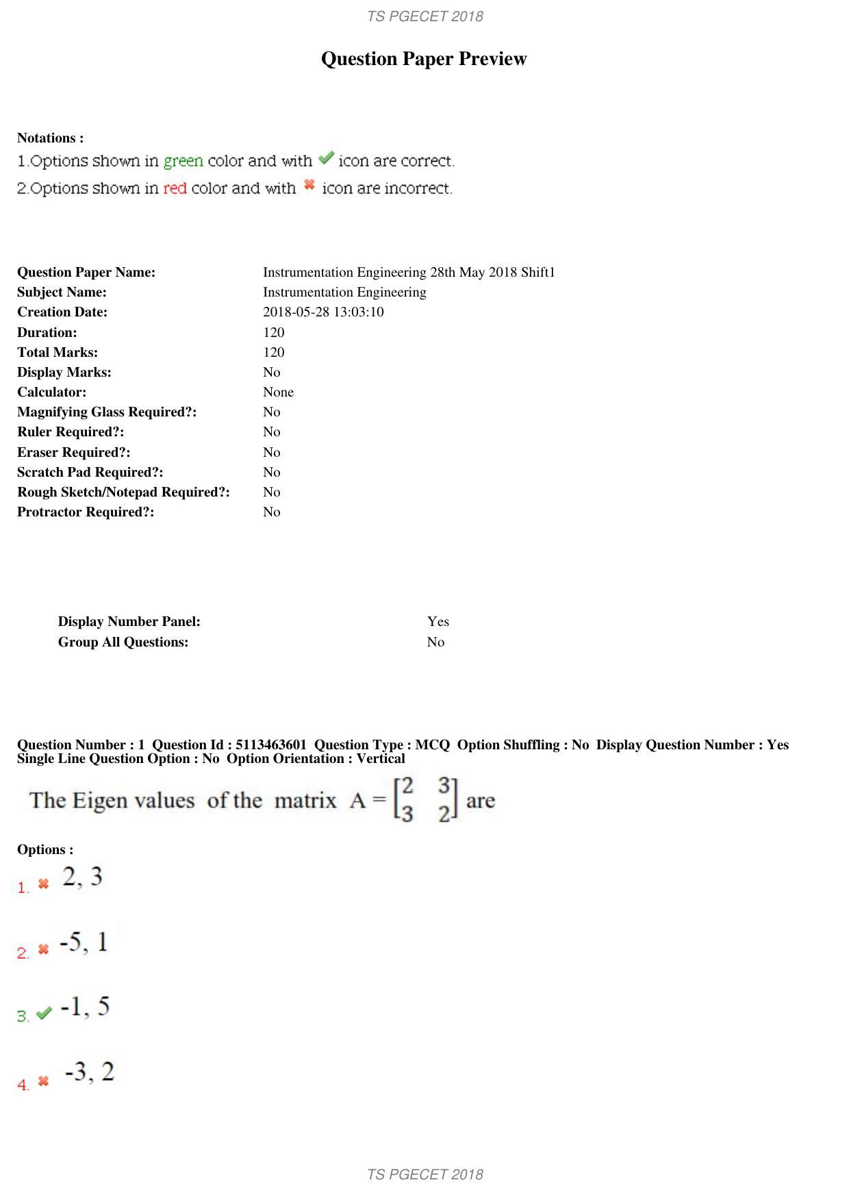 TS PGECET 2018: Instrumentation Engineering Question Papers - Page 1