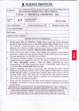 KEAM Paper I 2021 Question Paper