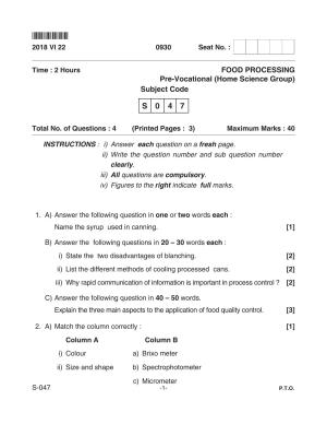 Goa Board Class 10 Food Processing 047 (June 2018) Question Paper