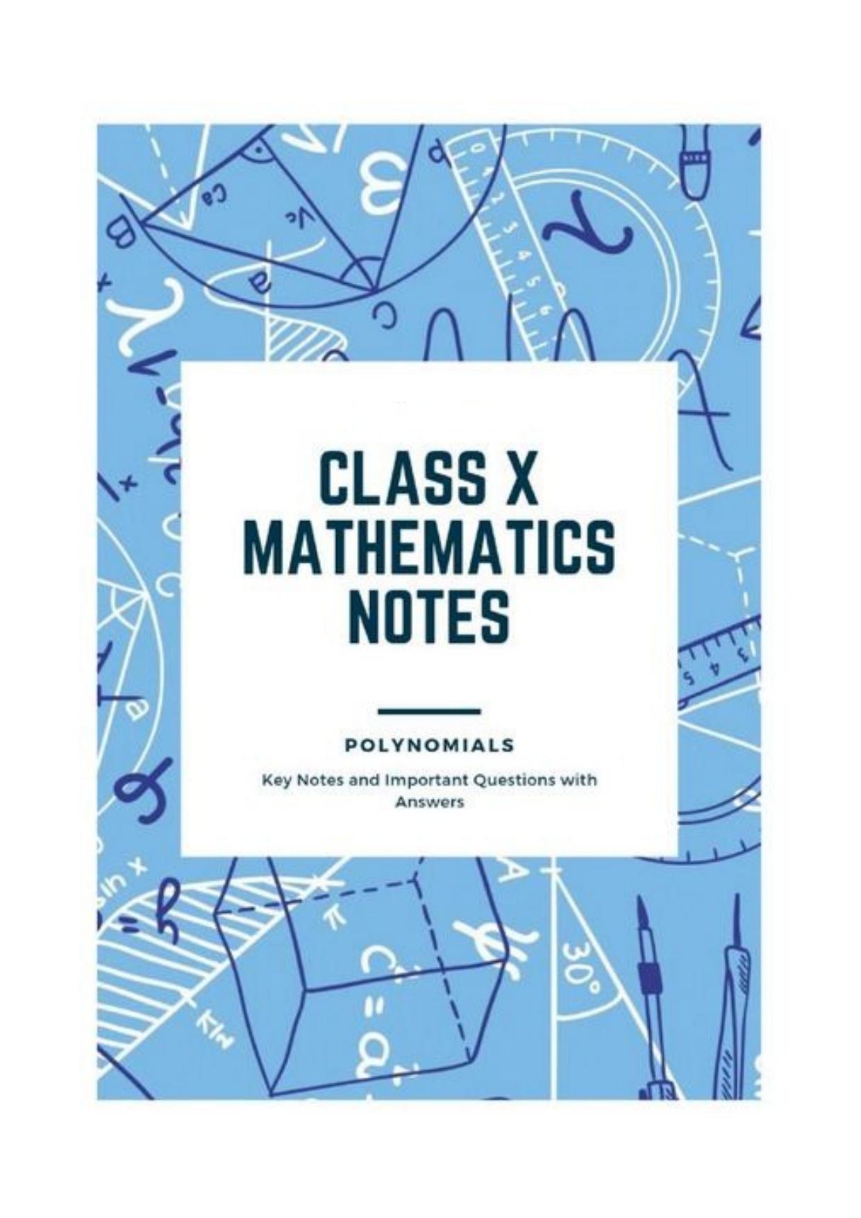 Class 10 Notes, Question & Practice Paper - Mathematics (Topic 2 : Polynomials) - Page 1