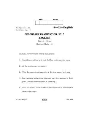 RBSE Class 10 English 2015 Question Paper