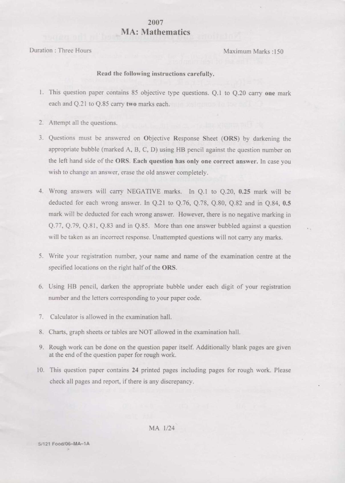 GATE 2007 Mathematics (MA) Question Paper with Answer Key - Page 1