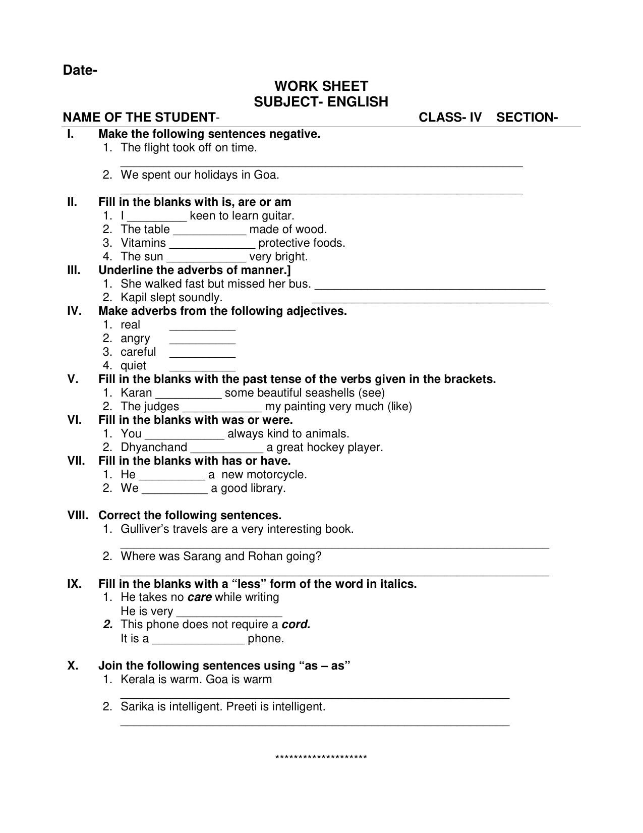 Worksheet for Class 4 English Assignment 141 - Page 1