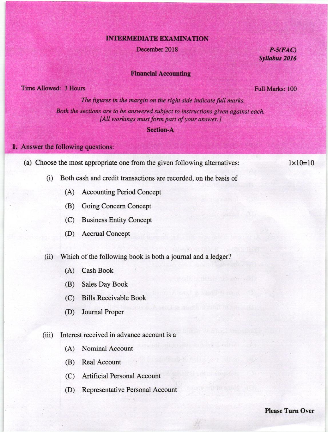ICMAI Dec 2018 Financial Accounting Question Paper - Page 1
