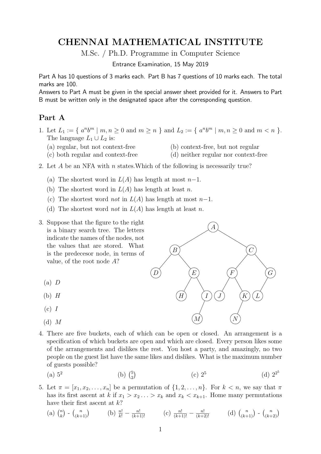 CMI Entrance Exam 2019 Question Paper MSc/PhD Computer Science - Page 1