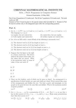 CMI Entrance Exam 2019 Question Paper MSc/PhD Computer Science