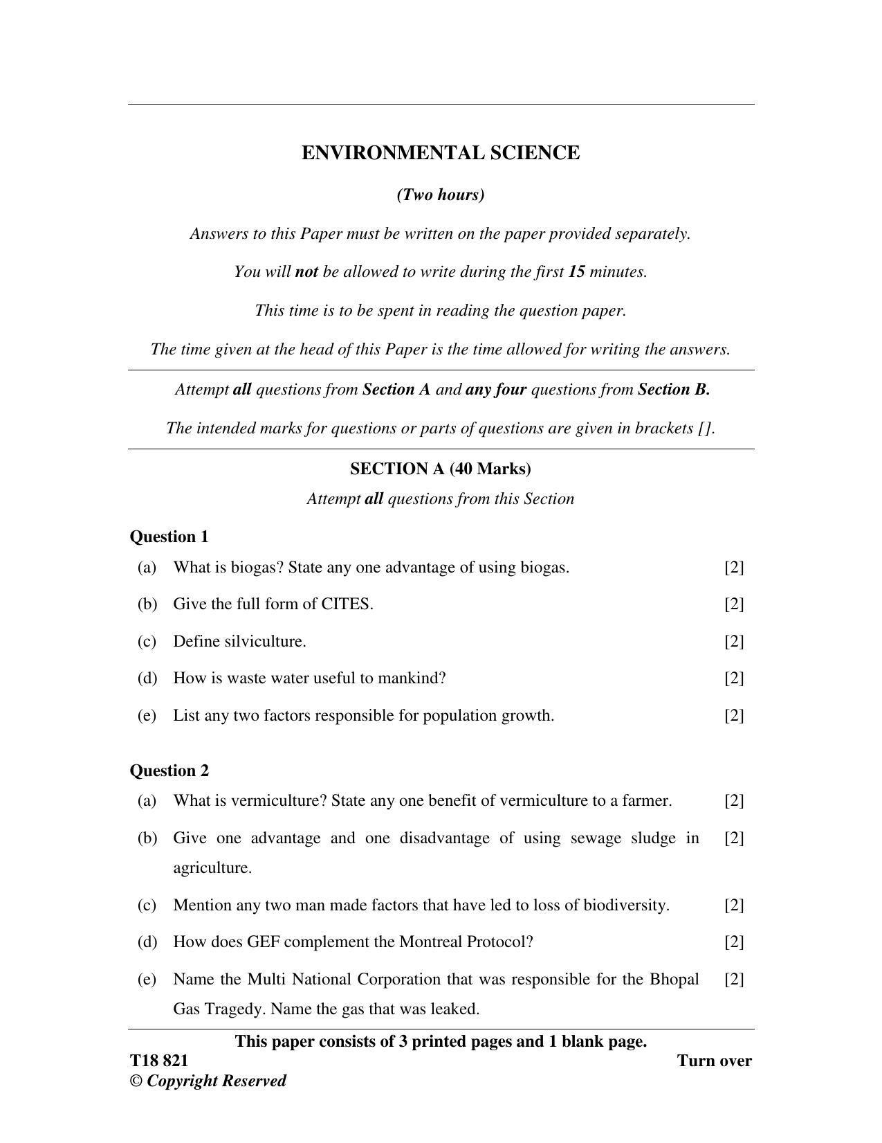ISC Class 12 2018 Environmental Science Question Paper - Page 1