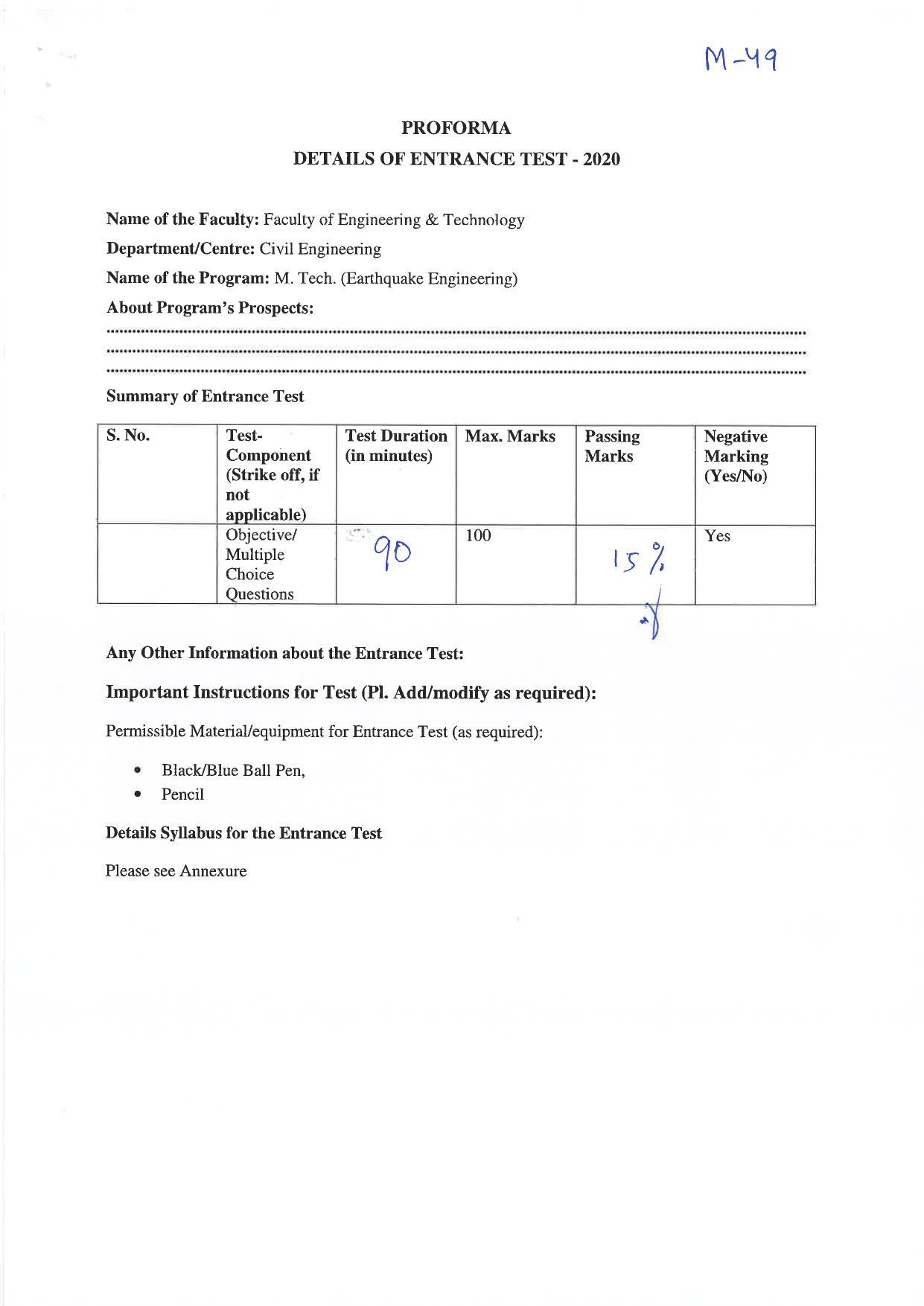 JMI Entrance Exam M49-M. Tech. (Earthquake Engineering) Syllabus - Page 1