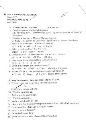 JKBOSE Class 11 Physical Education Model Question Paper 2023