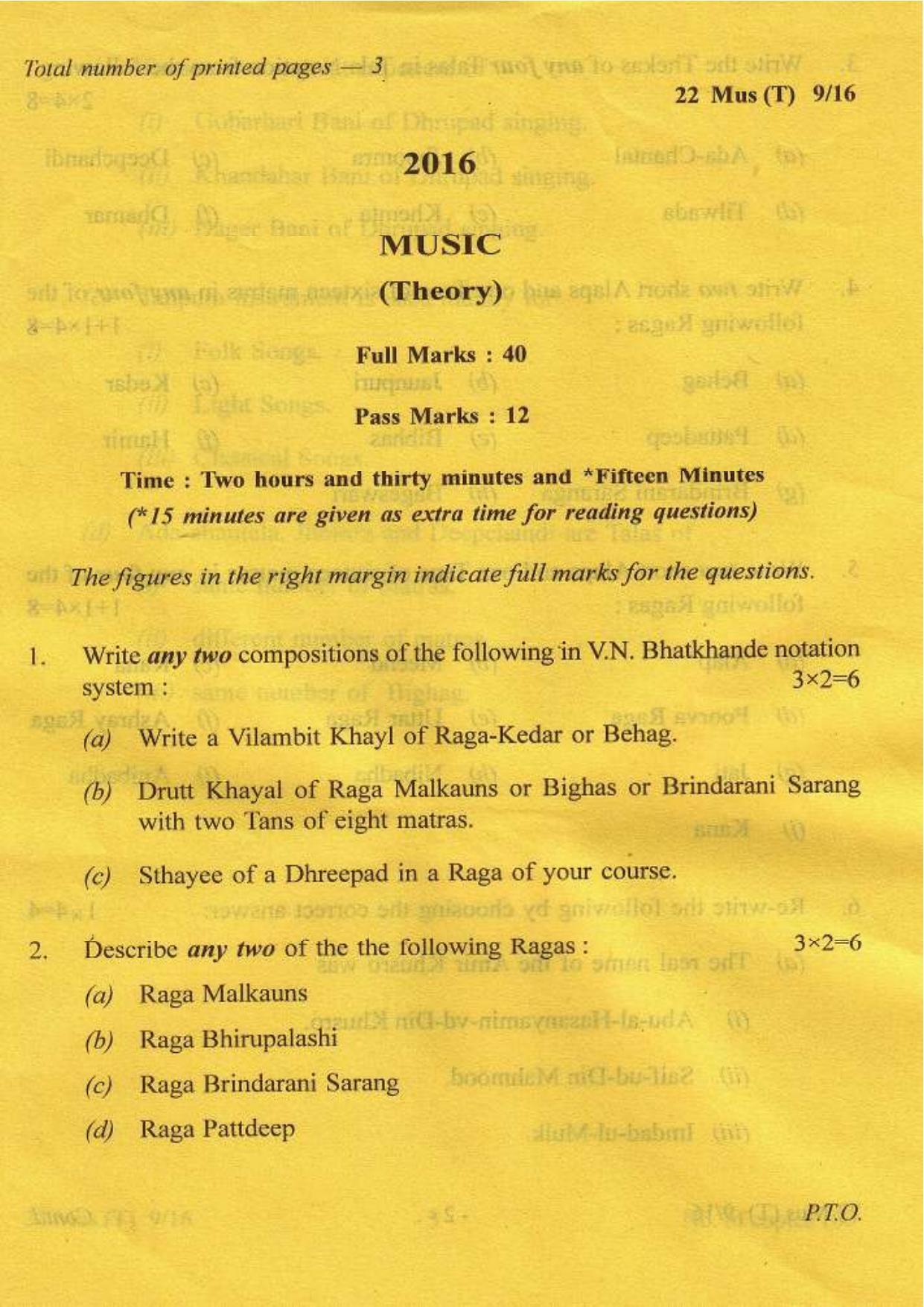 COHSEM Class 12 Music 2016 Question Papers - Page 1