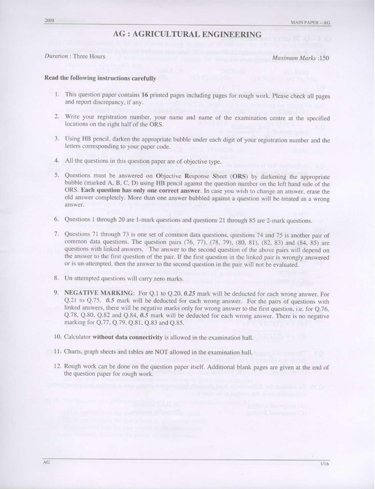 GATE 2008 Agricultural Engineering (AG) Question Paper with Answer Key - Page 1