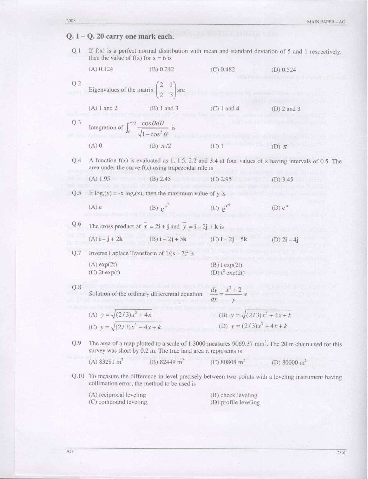 GATE 2008 Agricultural Engineering (AG) Question Paper with Answer Key - Page 2