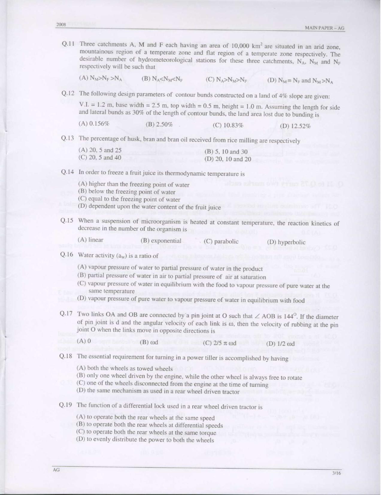 GATE 2008 Agricultural Engineering (AG) Question Paper with Answer Key - Page 3