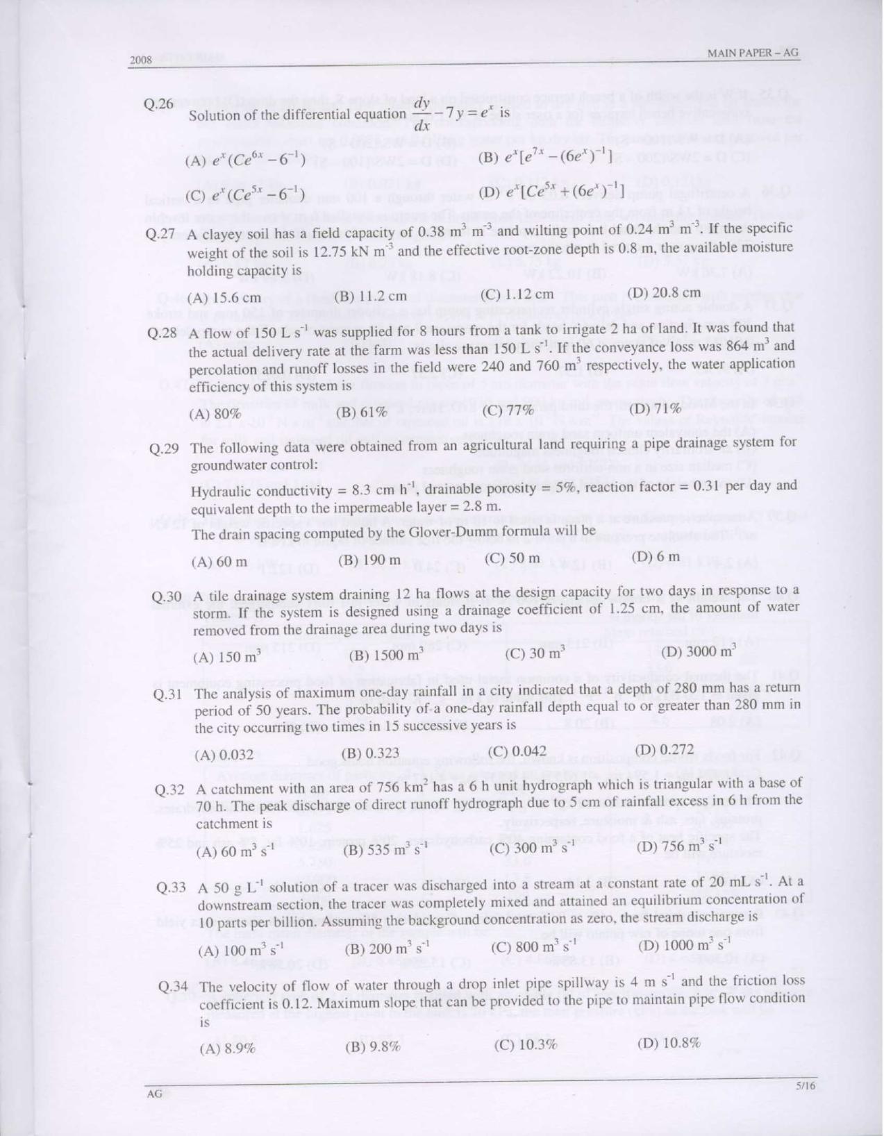 GATE 2008 Agricultural Engineering (AG) Question Paper with Answer Key - Page 5