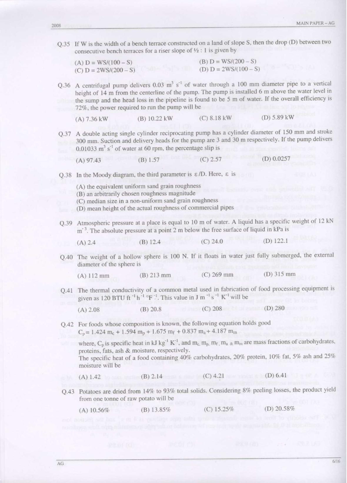 GATE 2008 Agricultural Engineering (AG) Question Paper with Answer Key - Page 6