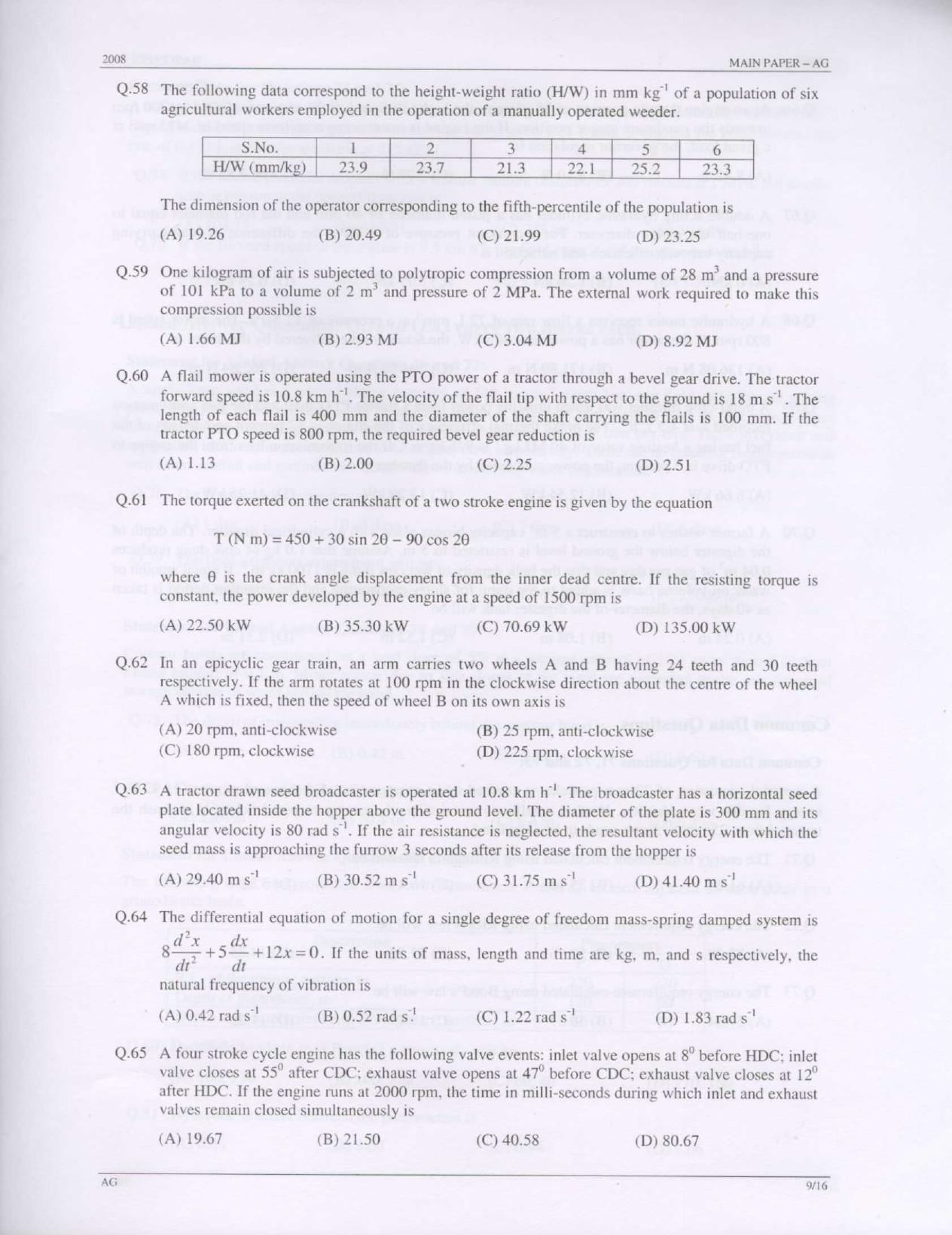 GATE 2008 Agricultural Engineering (AG) Question Paper with Answer Key - Page 9