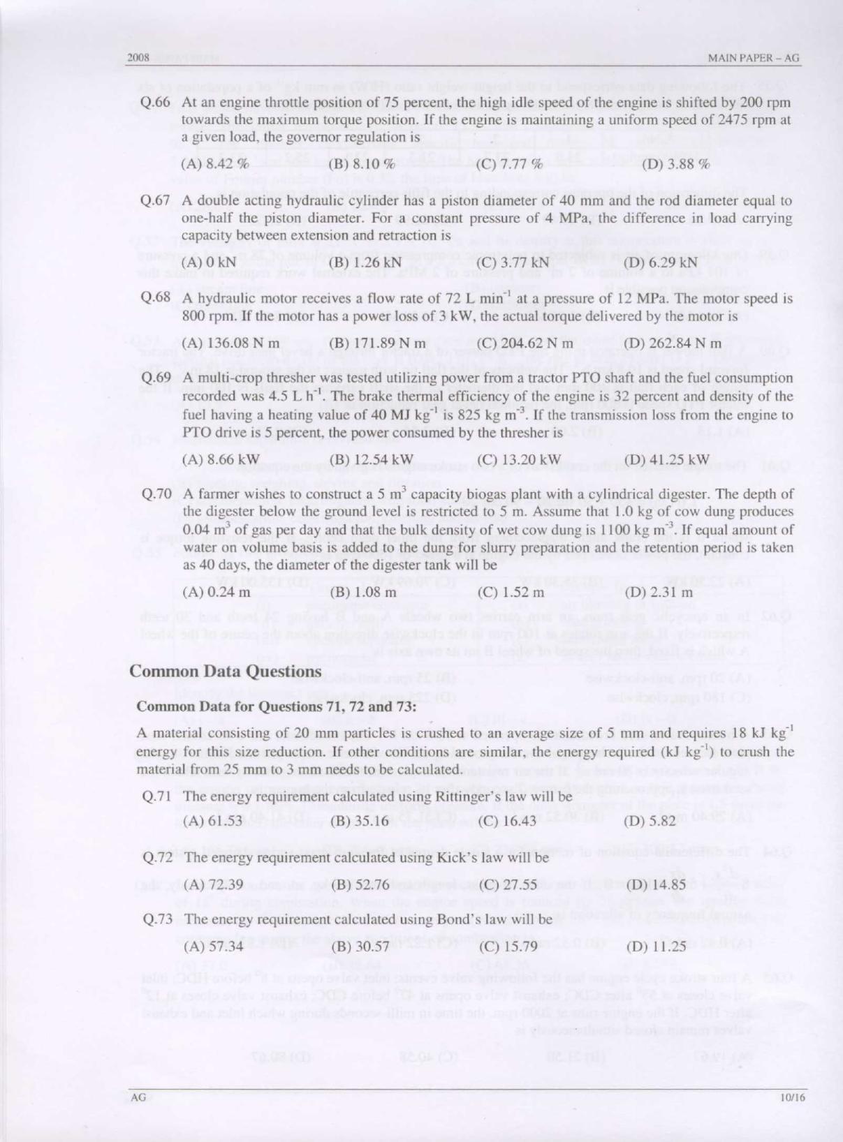 GATE 2008 Agricultural Engineering (AG) Question Paper with Answer Key - Page 10