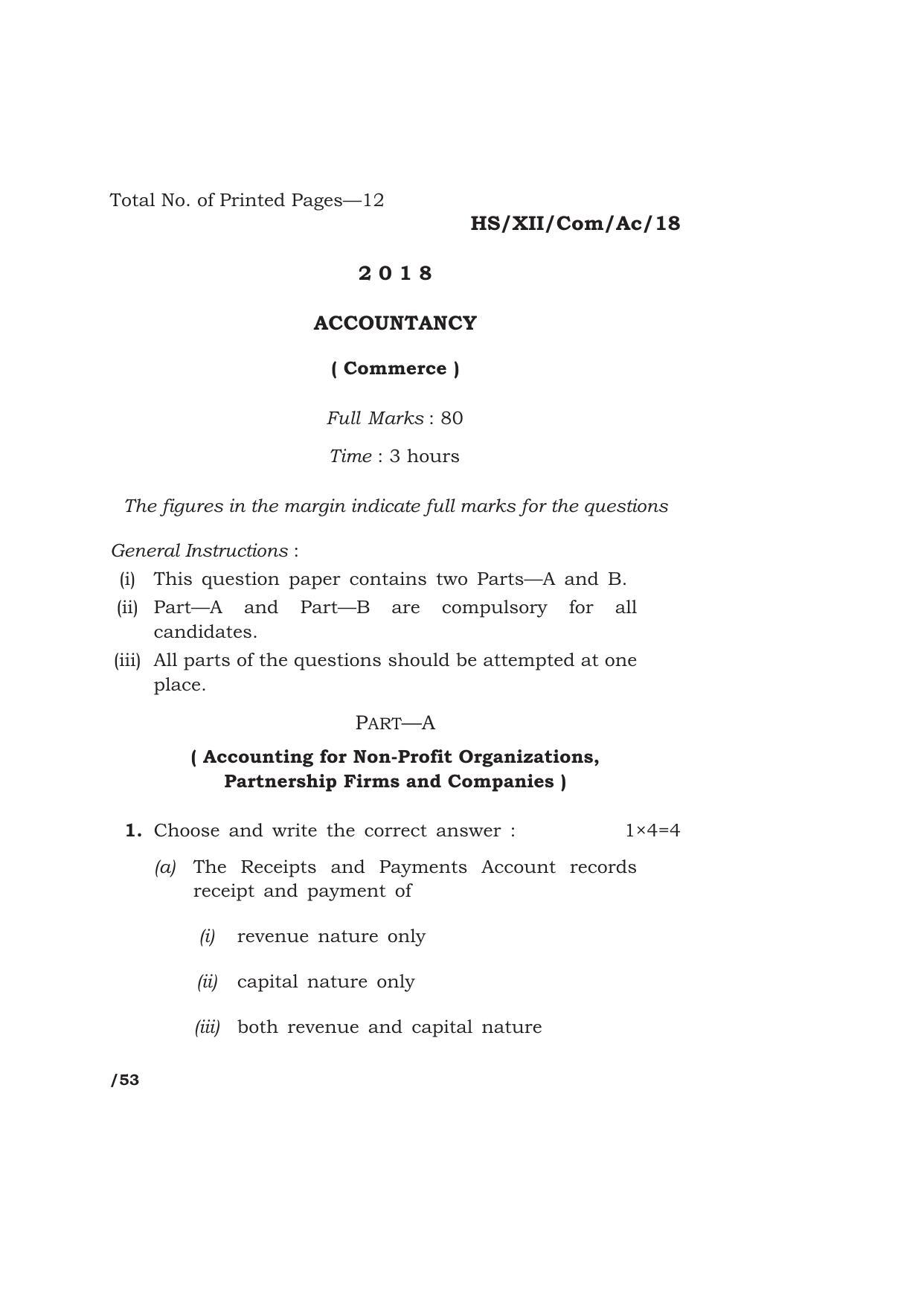 Meghalaya Board (MBOSE) Class 12 ACCOUNTANCY 2018 Question Paper - Page 1