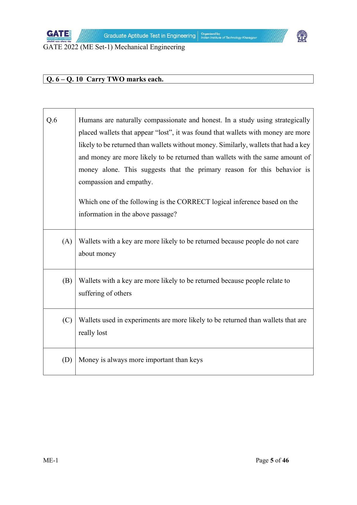 GATE 2022 Mechanical Engineering (ME-1) (Forenoon) Question Paper - Page 5
