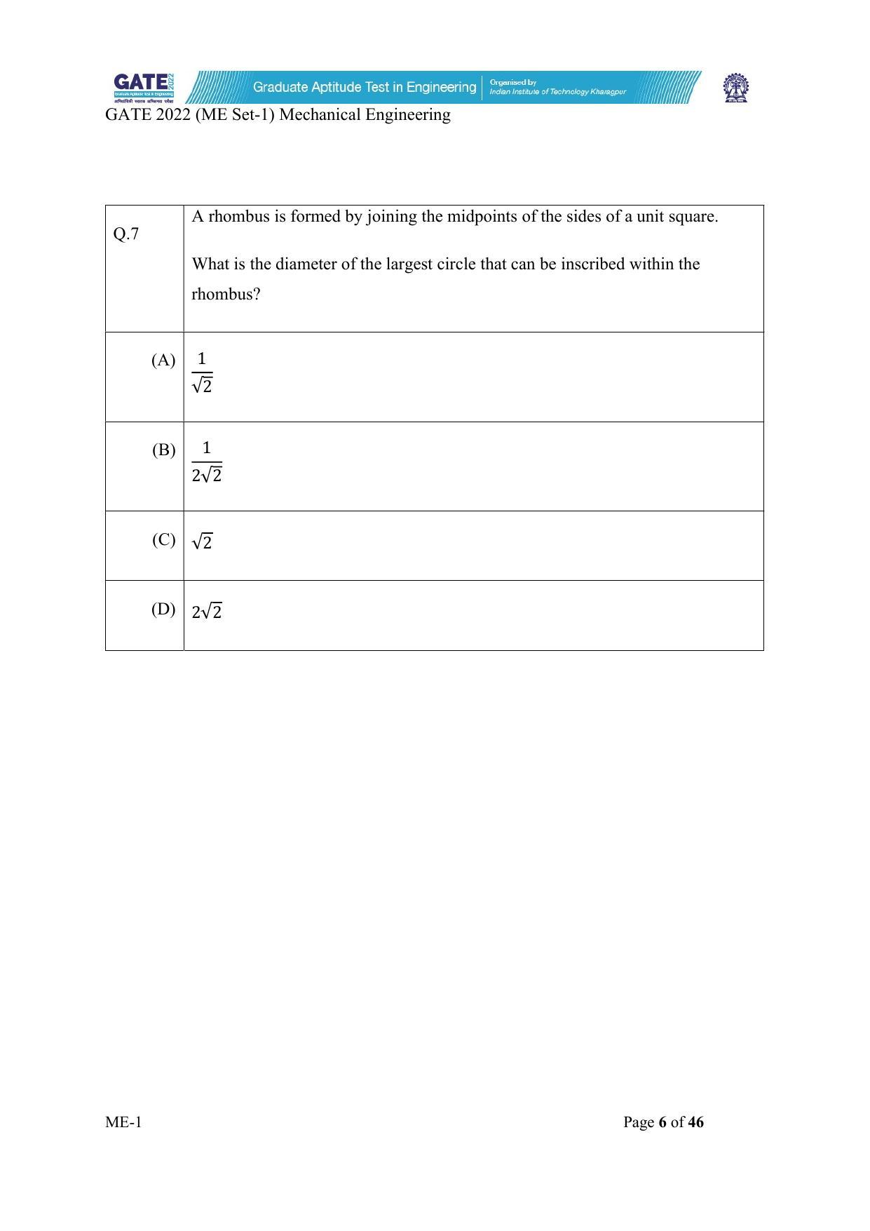 GATE 2022 Mechanical Engineering (ME-1) (Forenoon) Question Paper - Page 6
