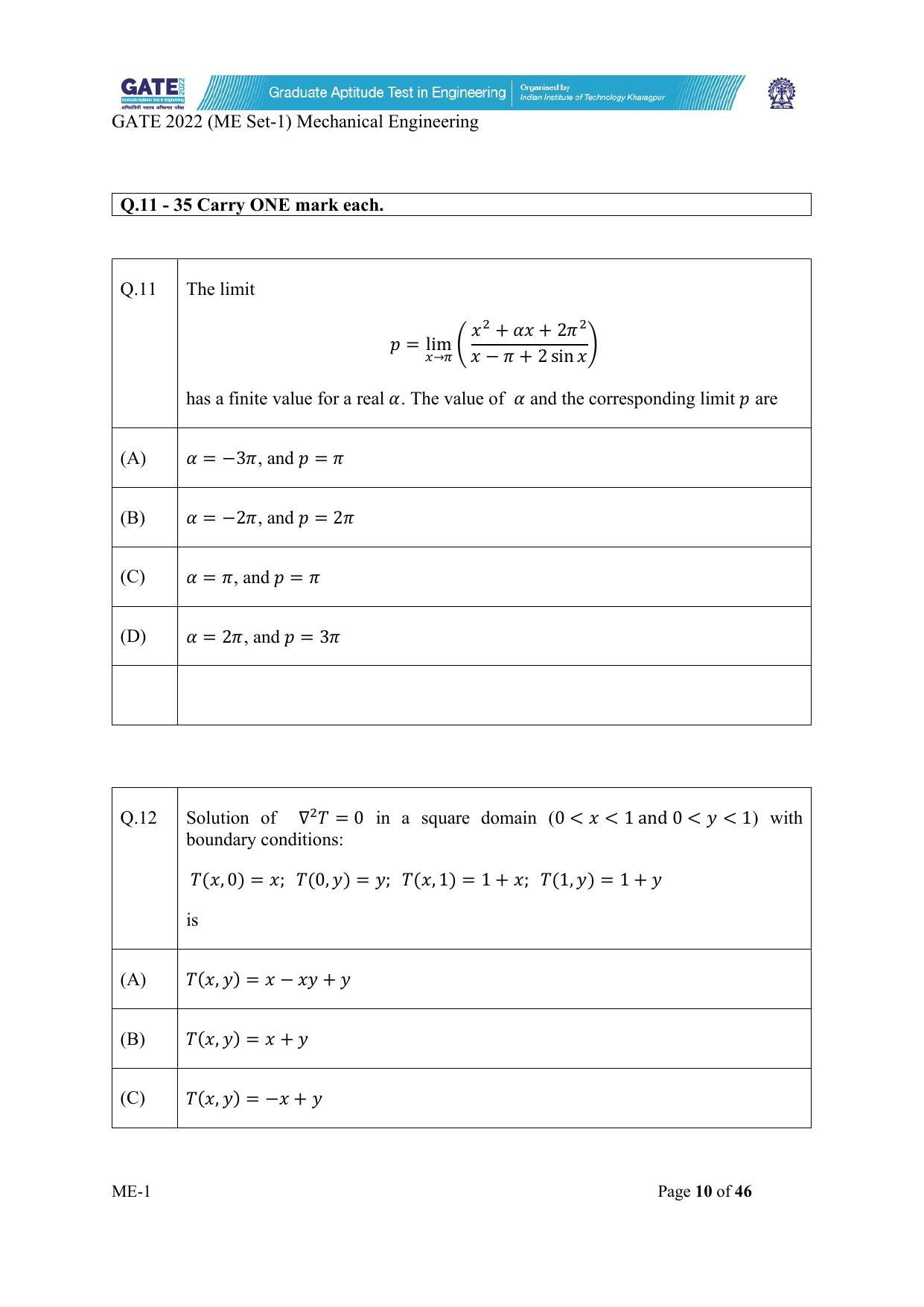 GATE 2022 Mechanical Engineering (ME-1) (Forenoon) Question Paper - Page 10