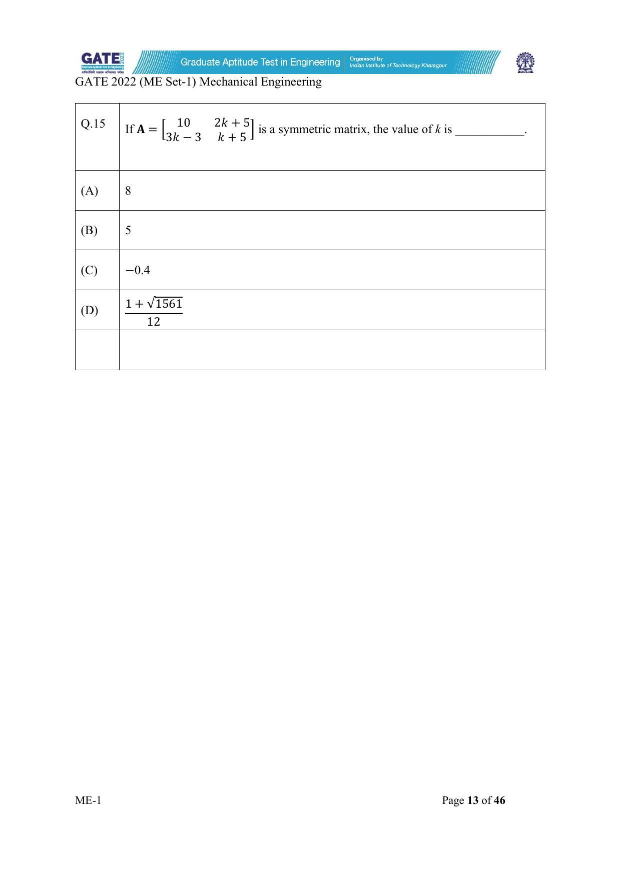 GATE 2022 Mechanical Engineering (ME-1) (Forenoon) Question Paper - Page 13