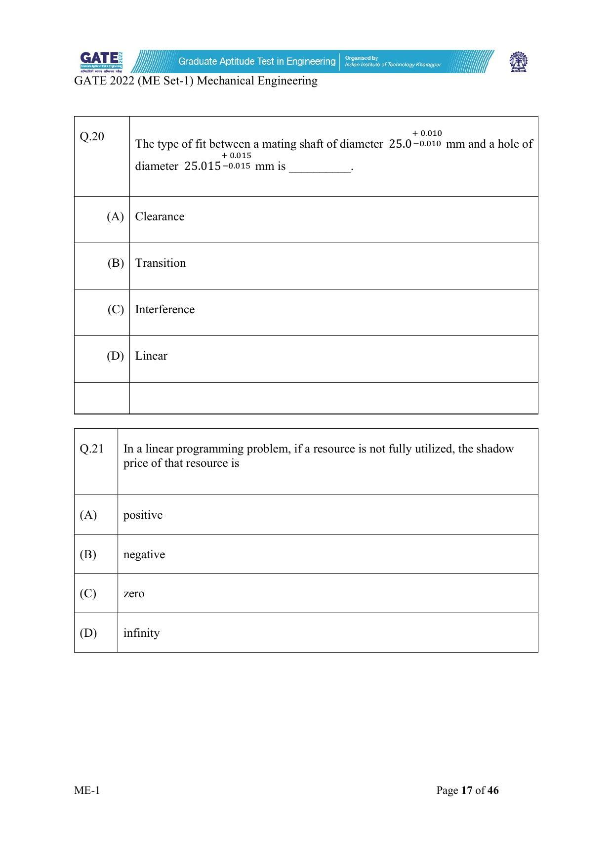 GATE 2022 Mechanical Engineering (ME-1) (Forenoon) Question Paper - Page 17