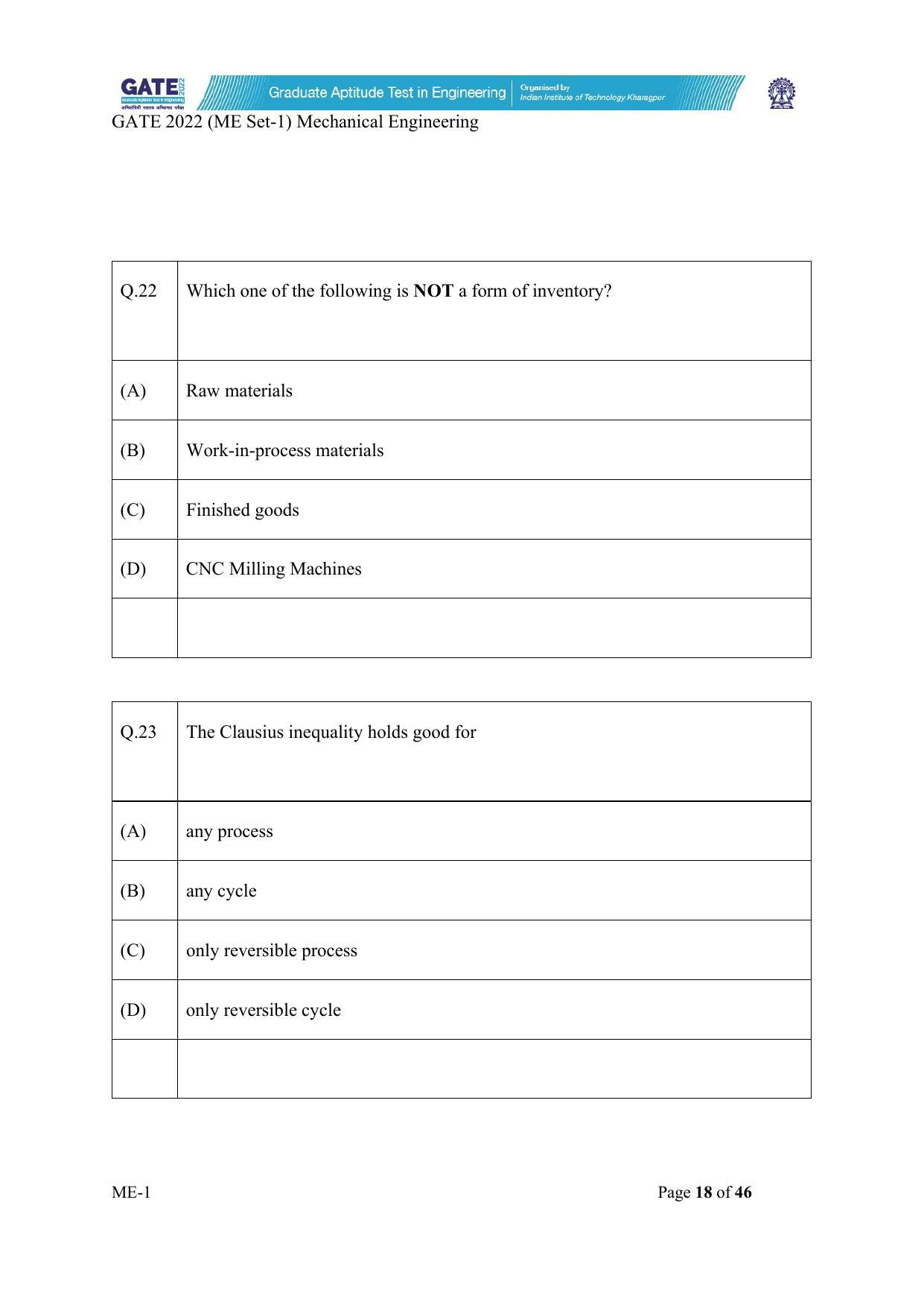GATE 2022 Mechanical Engineering (ME-1) (Forenoon) Question Paper - Page 18