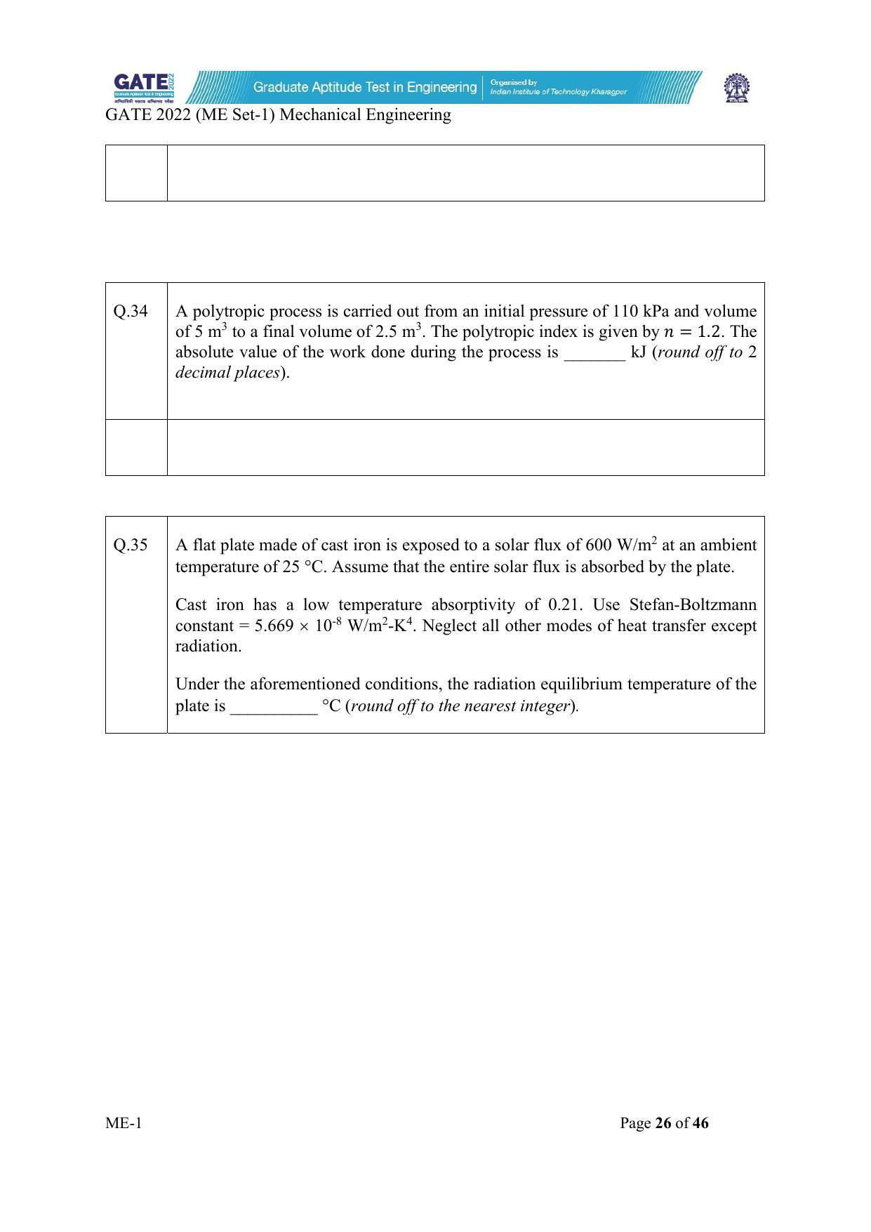 GATE 2022 Mechanical Engineering (ME-1) (Forenoon) Question Paper - Page 26