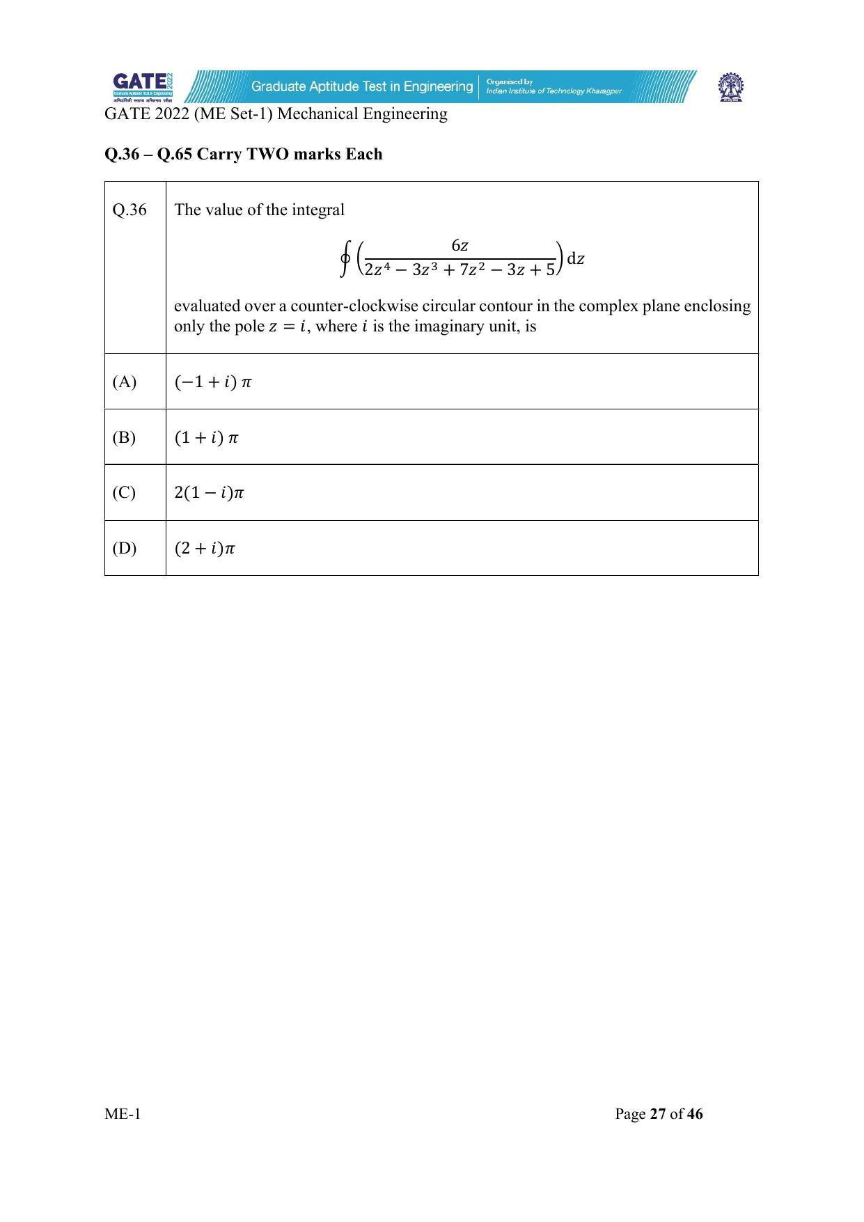 GATE 2022 Mechanical Engineering (ME-1) (Forenoon) Question Paper - Page 27