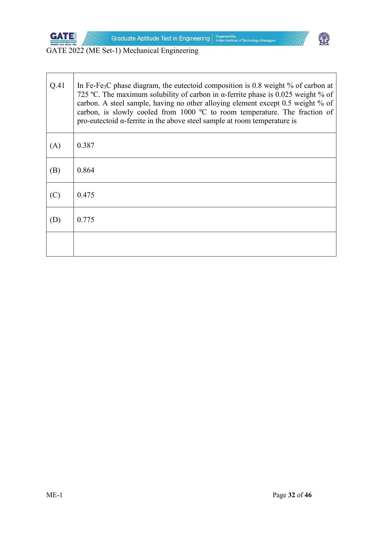 GATE 2022 Mechanical Engineering (ME-1) (Forenoon) Question Paper - Page 32