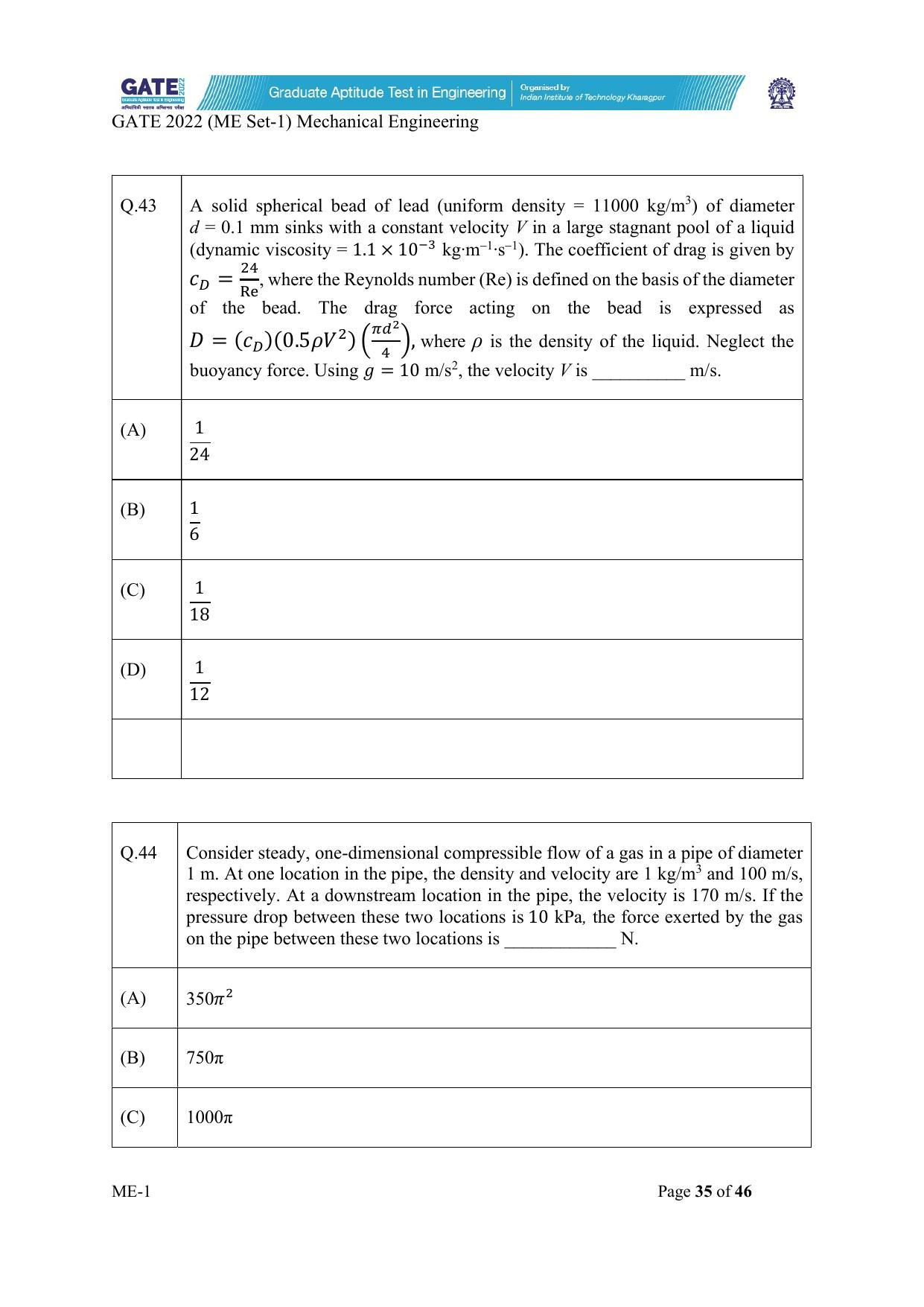 GATE 2022 Mechanical Engineering (ME-1) (Forenoon) Question Paper - Page 35