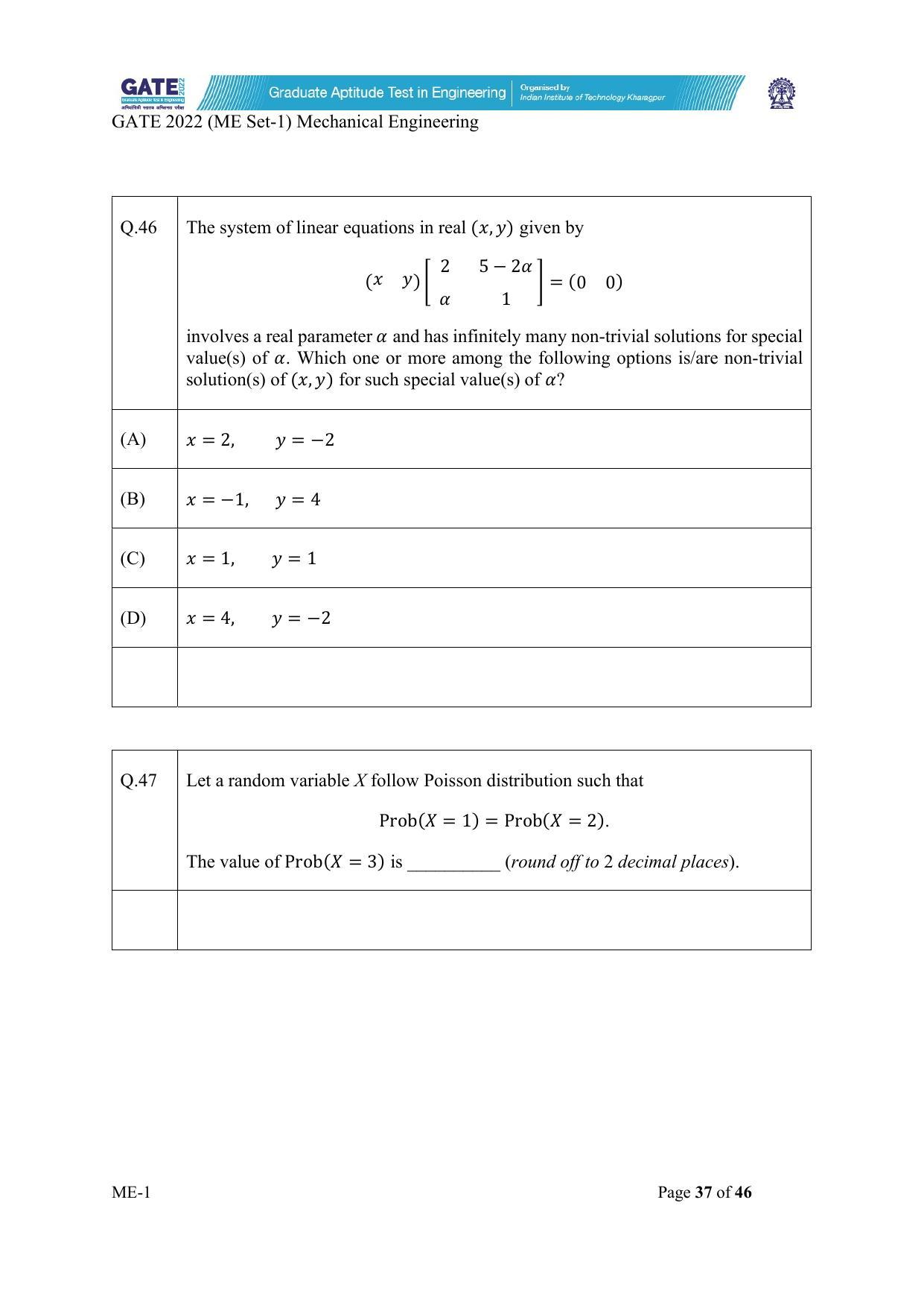 GATE 2022 Mechanical Engineering (ME-1) (Forenoon) Question Paper - Page 37