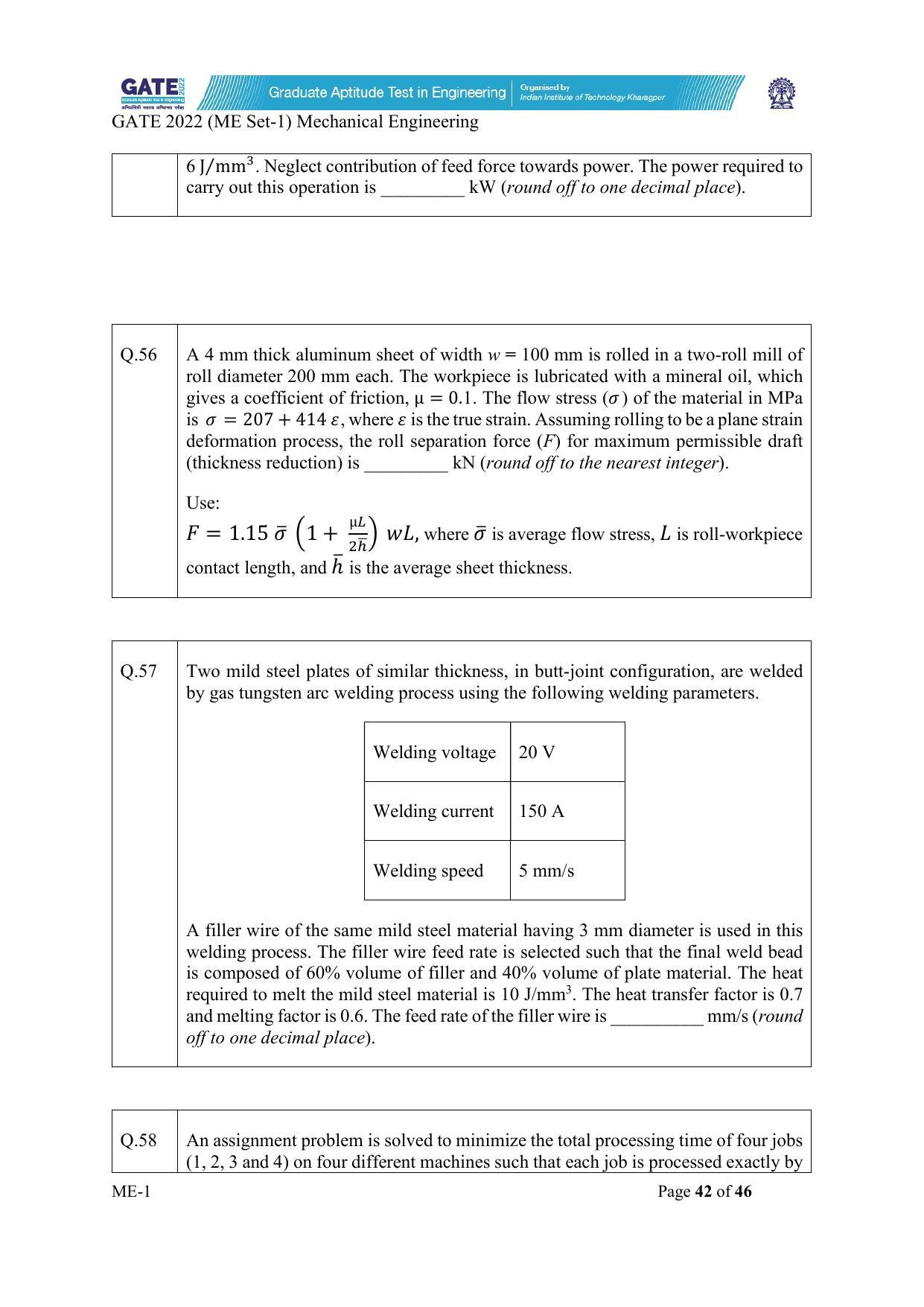 GATE 2022 Mechanical Engineering (ME-1) (Forenoon) Question Paper - Page 42
