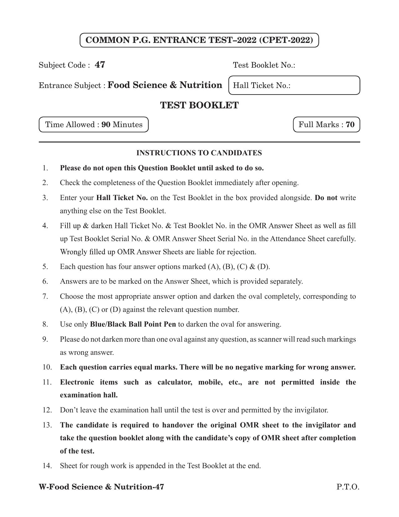 Odisha CPET 2022 FOOD SCIENCE NUTRITION Question Paper - Page 1