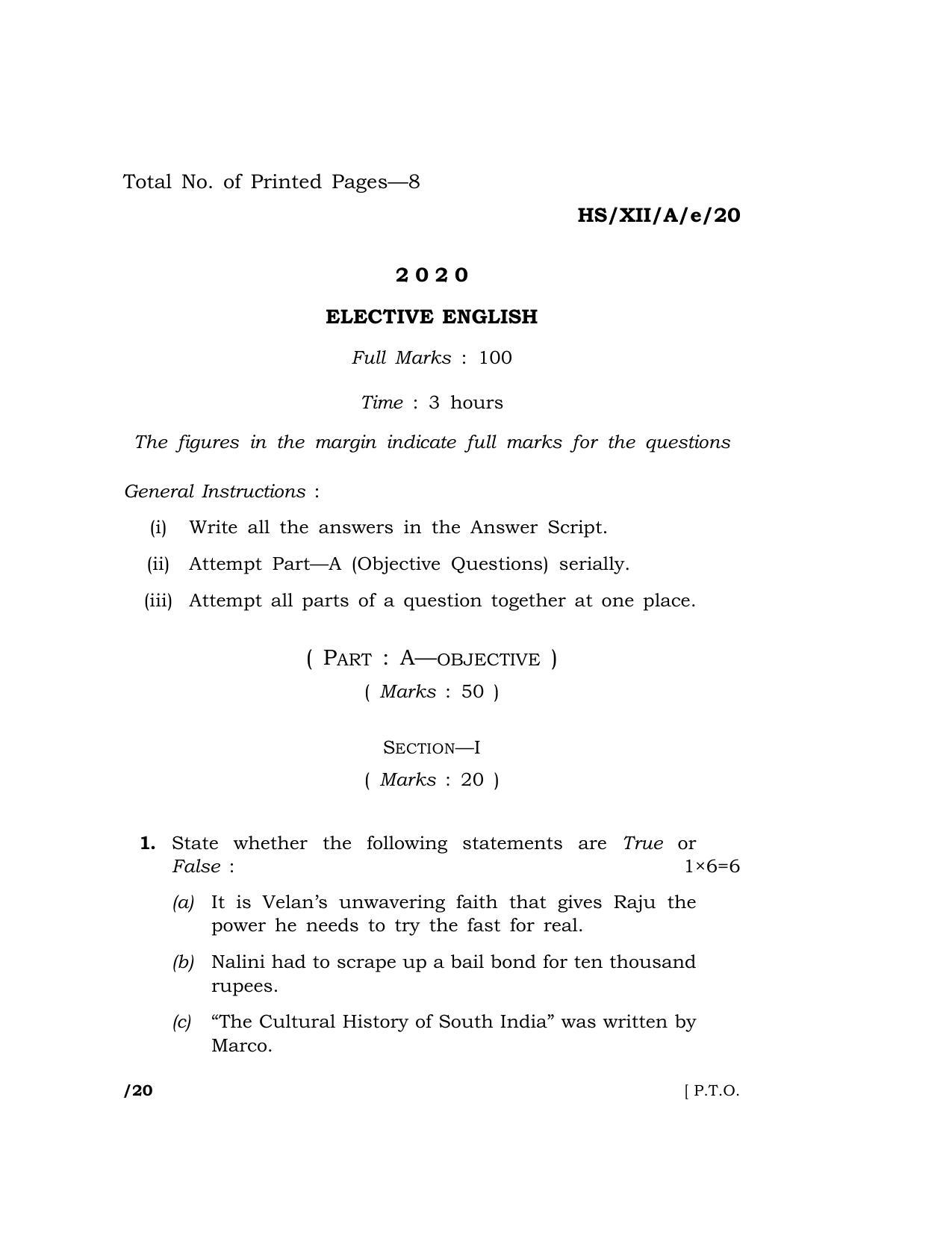 Meghalaya Board (MBOSE) Class 12 ELECTIVE ENGLISH 2020 Question Paper - Page 1