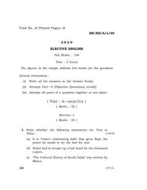 Meghalaya Board (MBOSE) Class 12 ELECTIVE ENGLISH 2020 Question Paper