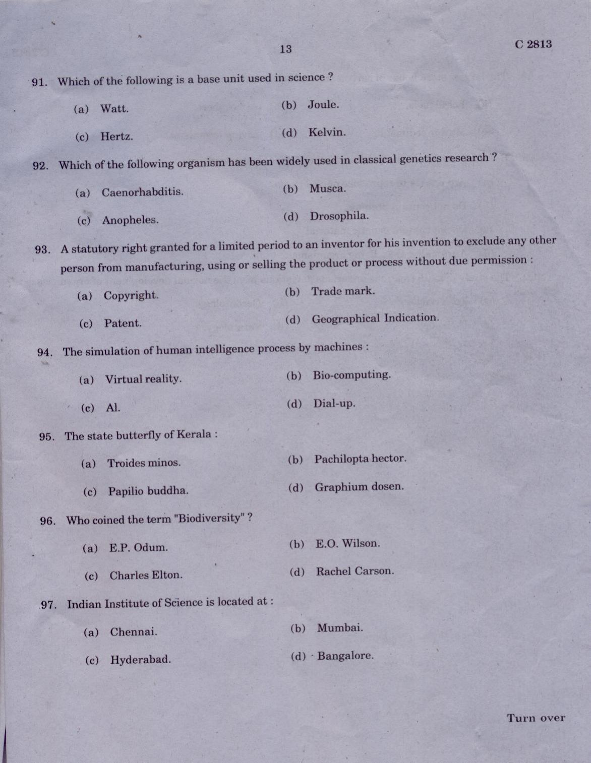 CUCAT 2021 M.Sc. Applied Zoology Question Paper - Page 13