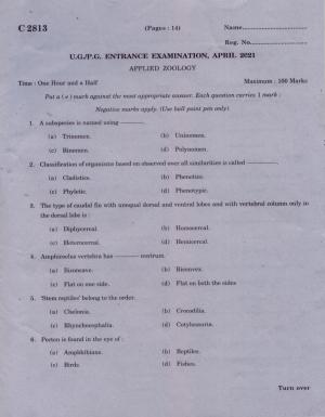 CUCAT 2021 M.Sc. Applied Zoology Question Paper